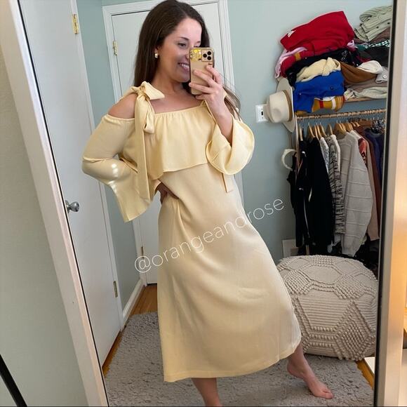 NWT GANNI Cream Tan Neutral Crepe Long Sleeve Ribbon Maxi Dress Clark 38 Medium - Picture 5 of 9